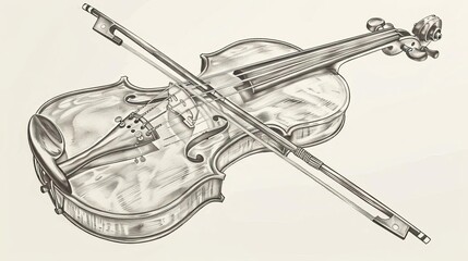 Obraz premium Elegant violin from a birds-eye perspective, hand-drawn, monochrome engraved vintage sketch style, exquisite detail in strings and body, classic and timeless artistic rendering