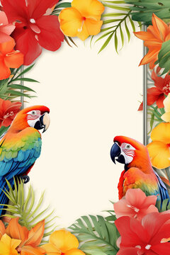 Colorful parrots bordered with vibrant tropical flowers and leaves, perfect for invitations or announcements.