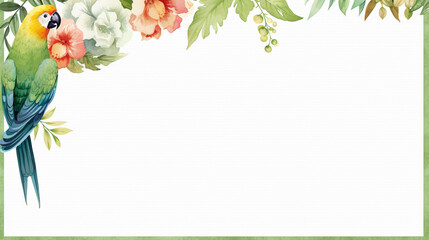 Naklejka premium Elegant watercolor floral parrot border frame with tropical flowers and leaves, perfect for invitations, greeting cards, and event decor.