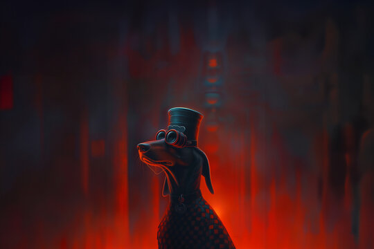 chien personnage steampunk, en tenue de d&eacute;tective avec un chapeau haut de forme, des lunettes goggles, et une chemise &agrave; carreaux devant un fond rouge sombre espace n&eacute;gatif copyspace.	