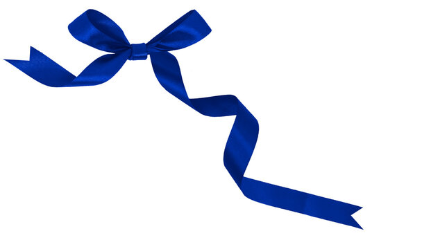 Royal Blue ribbon with bow on top left corner, transparent and white background, PNG image.