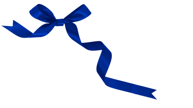 Royal Blue ribbon with bow on top left corner, transparent and white background, PNG image.