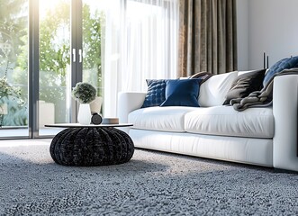 Beautiful home interior design of a modern living room with a white sofa, black and blue accessories, a grey carpet and brown curtains
