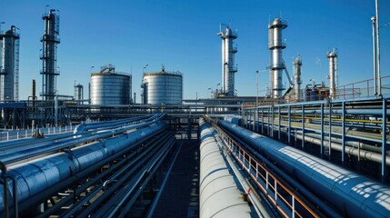 Obraz premium Oil refinery and storage tanks with pipelines running through the facility