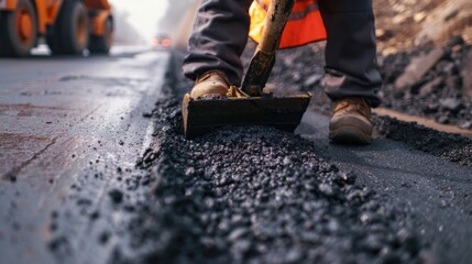 Paver and roller grind fresh asphalt on new highway.