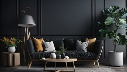 Sleek Sophistication: Modern Dark Home Interior"
"Elegance in Shadows: Wall Mock Up in Contemporary Dark Setting"