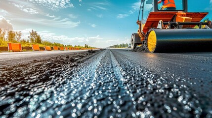 Paver laying asphalt on a newly constructed highway interchange