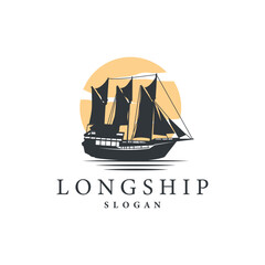 vintage viking longship warship logo traditional ocean sailboat silhouette design