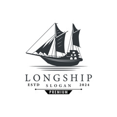 vintage viking longship warship logo traditional ocean sailboat silhouette design