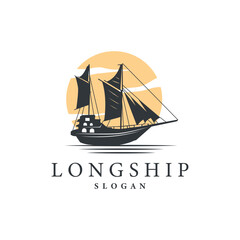 vintage viking longship warship logo traditional ocean sailboat silhouette design
