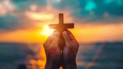Christian, Christianity, Religion copy space background. Group hands praying and holding christian cross for worshipping God at sunset background.silhouette