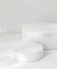 Two white podium on counter, soft beautiful dappled sunlight, leaf shadow on wall for luxury organic cosmetic, skincare, beauty treatment product background 3D
