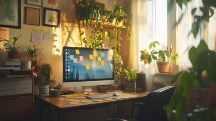 Cozy Home Office Ambiance with Family Photos, Plants, and Sticky Notes in Soft Morning Light for Productivity and Comfort