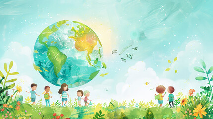 Children joyfully playing under a giant globe surrounded by nature, celebrating the unity and beauty of our planet in a vibrant, whimsical setting.