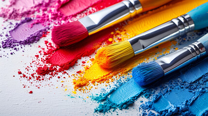 Obraz premium Colorful eyeshadow powders with makeup brushes on white background