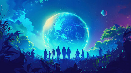 Obraz premium A group of silhouetted figures stands under a vibrant, glowing Earth-like planet, surrounded by lush, surreal vegetation and a cosmic night sky.