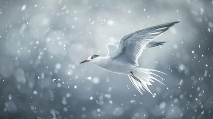 Fototapeta premium A photograph of an Arctic tern, swift and agile, navigating through a snowstorm in the North Pole, with snowflakes blurring the background and adding a sense of motion. The tern's white and grey