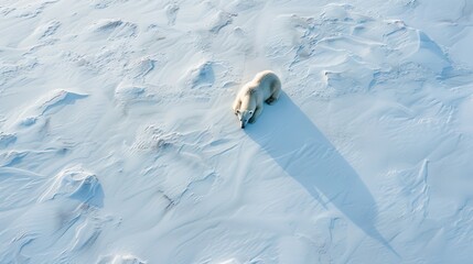 A photograph of a polar bear, lying down on the snow, viewed from a drone, North Pole. Endless white tundra with patches of ice. Soft diffused light from the overcast sky, gentle shadows. Created