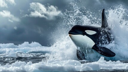 A photograph of an orca, powerful and imposing, breaking through the ice in the North Pole with dramatic splashes, against a backdrop of an endless expanse of ice and snow. Stormy skies overhead,