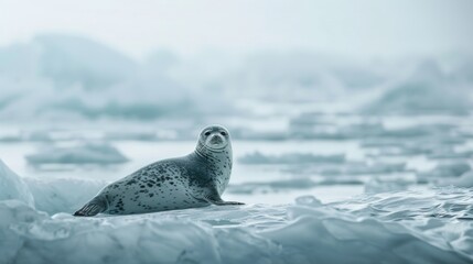 A photograph of a ringed seal, sleek and agile, resting on an ice floe in the North Pole, with a vast icy landscape stretching into the distance. The soft, diffused light of the polar day