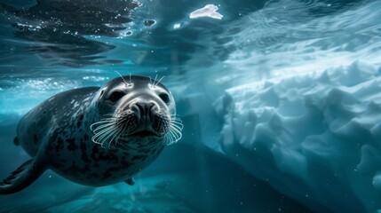 A photograph of a ringed seal, sleek and alert, swimming beneath the ice in the North Pole, with the underwater world illuminated by the diffused light from above. The ice forming interesting