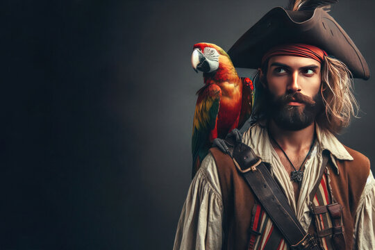 A parrot perched on a pirate's shoulder. Space for text.