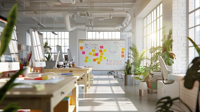 Dynamic Design Agency Workspace with Creative Tools and Sunlit Interiors