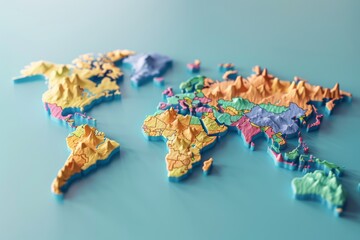 Colorful world map with raised 3D topography, highlighting continents and countries in detailed, vibrant presentation on a turquoise background.