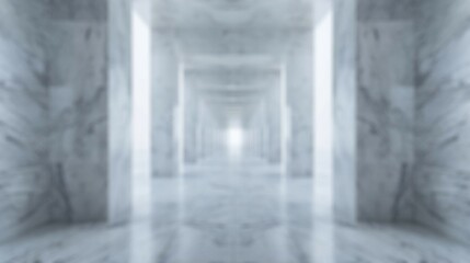 Blur background of modern marble hallway with pillars and reflective floor. Modern white hallway or...