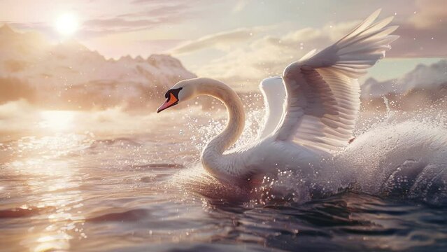 Amidst the calm of the lake, a swan moves with effortless grace, creating ripples that dance across the surface of the water.
