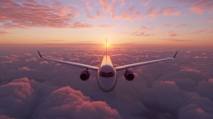 A sleek commercial airplane soaring above the clouds at sunset --ar 16:9 Job ID: e612ece2-b345-41c8-88b2-8b13a0c51de4