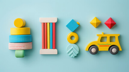 Naklejka premium Colorful wooden toys, including a stacking tower, abacus, geometric shapes, and a toy car, neatly arranged on a light blue background. Fun and educational!