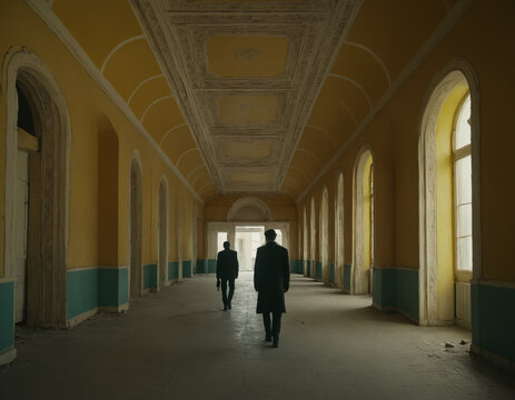 Man Walking Through Dimly Lit Hallway with Columns