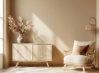 Beige armchair with a brown pillow and elegant sideboard in the style of a contemporary living room interior of a family home