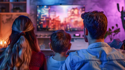 A family sitting on sofa in living room and watching television, back view angle 
