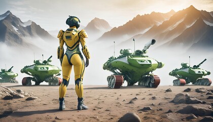 A powerful female figure in a yellow sci-fi suit leads a squad of armored mechs through a mountainous landscape. The image suggests a futuristic conflict, leadership, and advanced technology. 