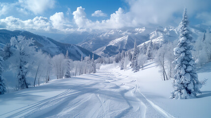 Fototapeta premium Winter snow-covered mountains, ski trails winding through, blue sky and white clouds