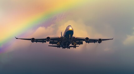 Naklejka premium Commercial airplane in flight with a rainbow in the background