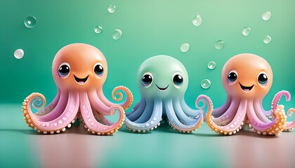 Obraz premium Three adorable, colorful cartoon octopuses smile happily amidst floating bubbles. This playful and cheerful image is perfect for children's designs.