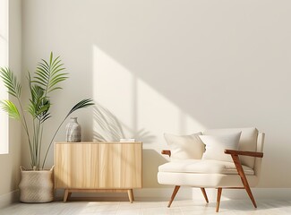 Beige armchair with elegant pillow and sideboard in a contemporary living room interior of a modern home decor