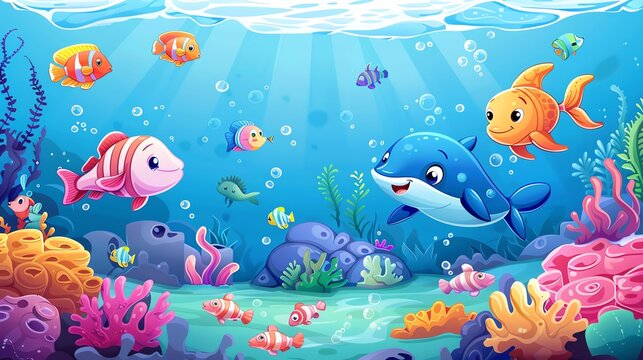 Cartoon illustration of colorful fish swimming in the ocean with coral reefs