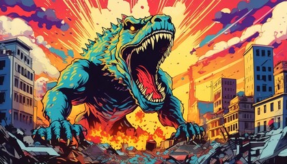 A vibrant abstract painting depicting a giant monster attacking a city. The dynamic use of bold colors and dramatic composition evokes a sense of chaos and excitement.