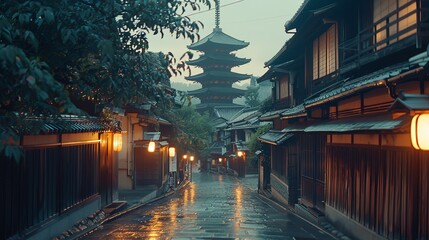Obraz premium Early morning in Gion Kyoto, Wood pagoda in Kyoto old town in Japan