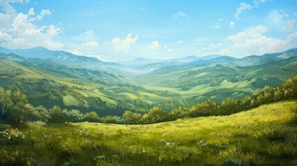Panoramic view of a serene mountain landscape, lush green valleys, clear blue sky, oil painting style, rich textures, warm and inviting colors, capturing the peacefulness of nature