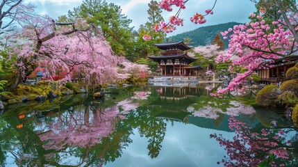 Obraz premium Full cherry tree blossom at the Sanjusangen-do Shinto temple in Kyoto, Japan