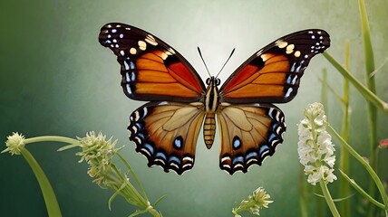 Fototapeta premium Granater AI A butterfly perched on a vibrant green plant, showcasing the beauty of nature's delicate creatures.