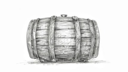 Rear view of a traditional wooden barrel, sketched in detailed doodle art, fine lines capturing the curvature, isolated on a pristine white backdrop
