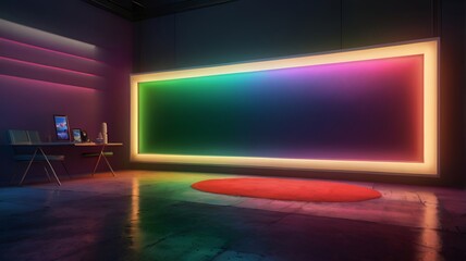 Granater AI  1. A room with neon lights and a large screen displaying vibrant colors and futuristic design.