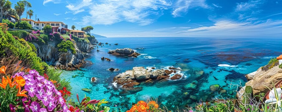 A panoramic view of a colorful coastal cliffside dotted with quaint seaside cottages and vibrant flowers, overlooking a sparkling azure ocean and endless blue skies, offering a picturesque