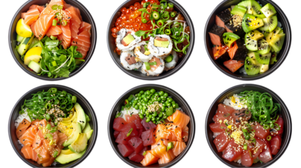 Assorted poke bowls with fresh ingredients including fish, rice, vegetables, and various toppings arranged in black bowls on white background.transparent, png,